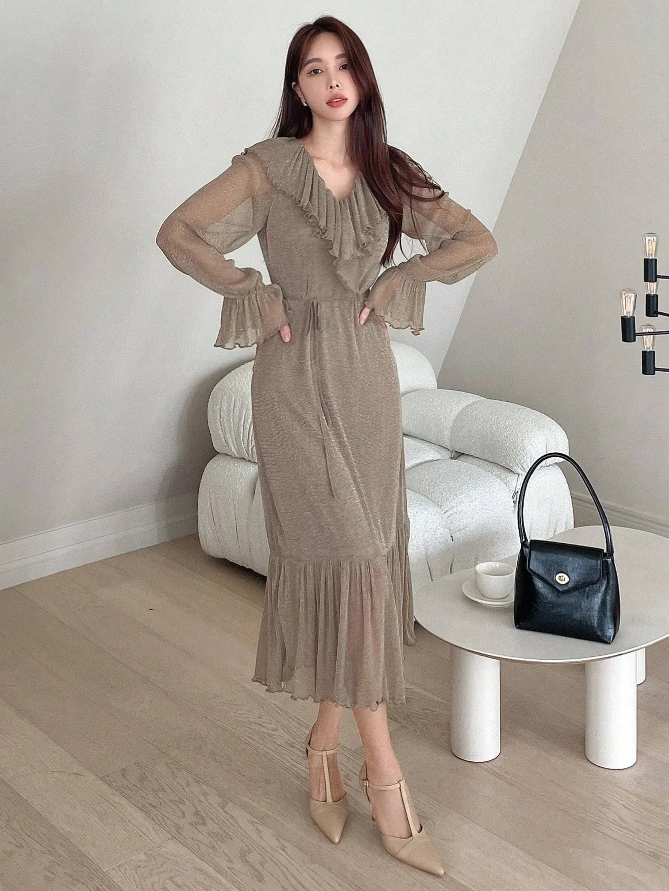CM-DS367637 Women Elegant Seoul Style Ruffle Trim Flare Sleeve Ruffle Hem Belted Dress - Mocha Brown