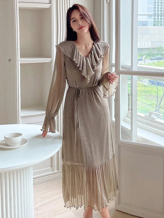 CM-DS367637 Women Elegant Seoul Style Ruffle Trim Flare Sleeve Ruffle Hem Belted Dress - Mocha Brown