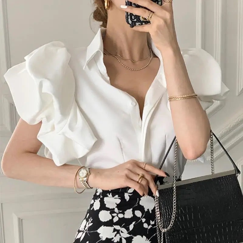 CM-TS446417 Women Elegant Seoul Style Solid Button Front Exaggerated Sleeve Shirt - White