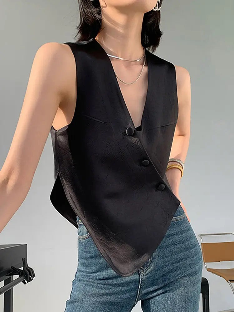 CM-TS011029 Women Chic Seoul Style Irregular V-Neck Slim Fit Vest Top - Black