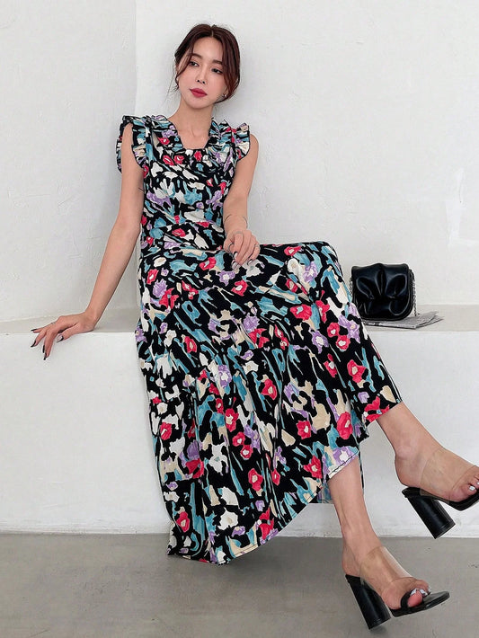CM-DS184494 Women Trendy Bohemian Style V-Neck Cap Sleeve Print Ruffle Hem Dress
