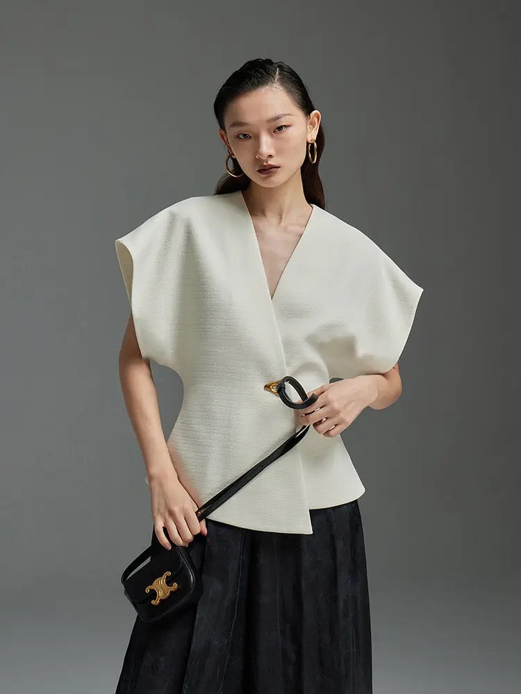 CM-TS001539 Women Elegant Seoul Style V-Neck Asymmetrical Narrow-Waisted One Button Vest Top (Available in 2 colors)