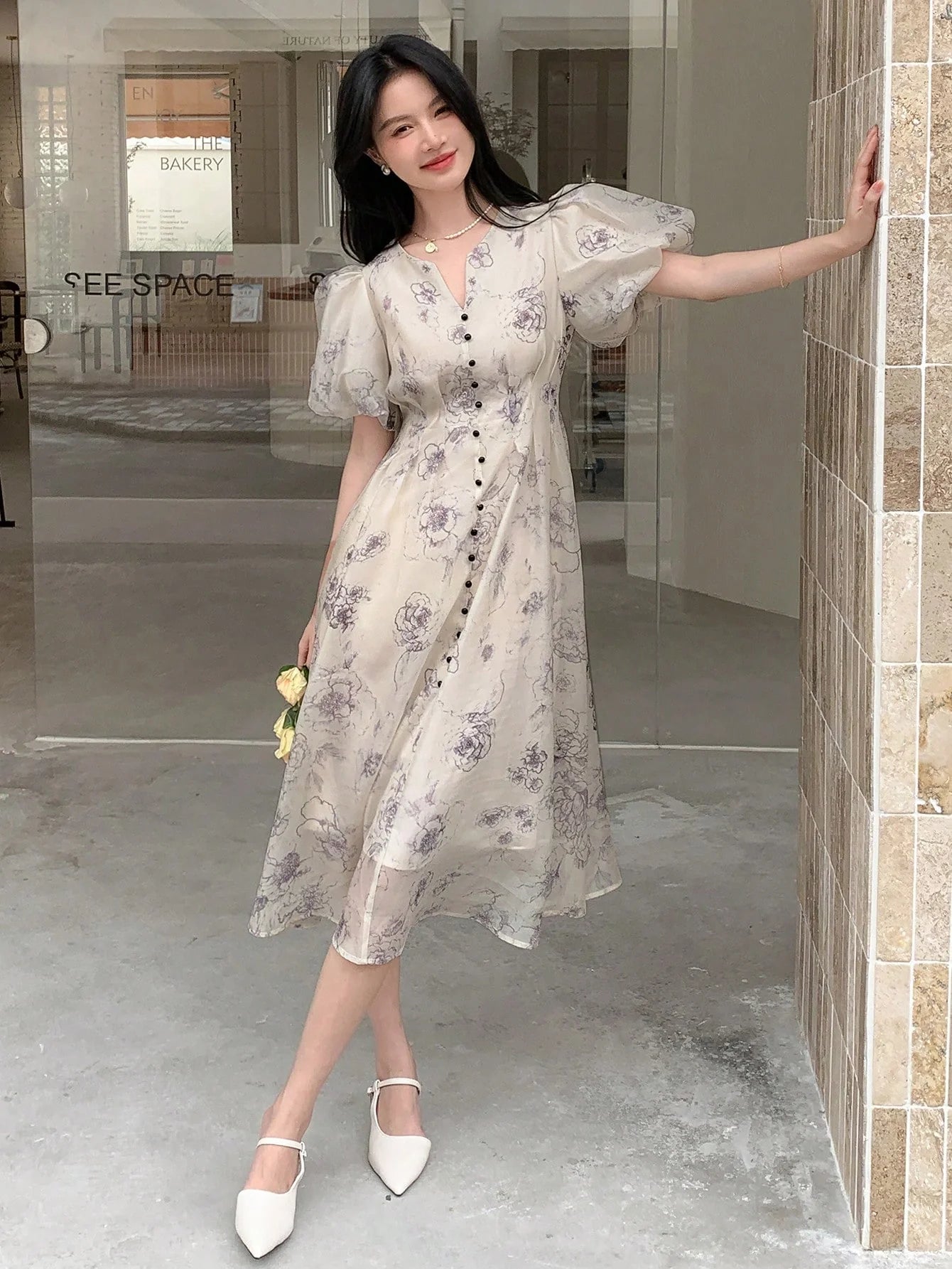 CM-DS062728 Women Elegant Seoul Style Floral Print Puff Sleeve Button Front Dress - Apricot