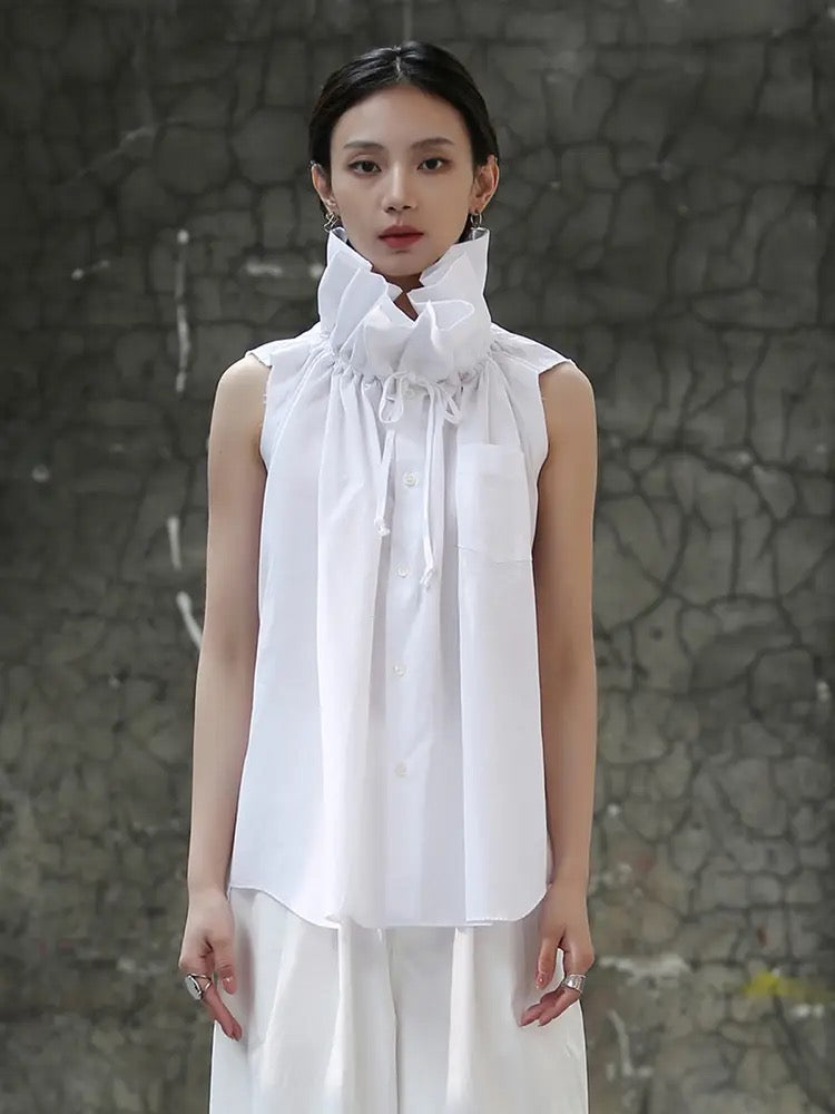 CM-TS001499 Women Elegant Seoul Style Stand Up Collar Pinched Floral Sleeveless Outer Top (Available in 2 colors)