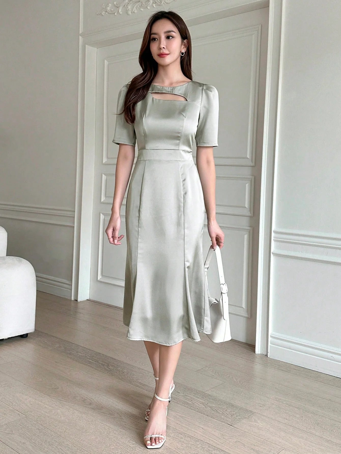 CM-DS097737 Women Elegant Seoul Style Short Sleeve Solid Mermaid Hem Dress - Mint Green