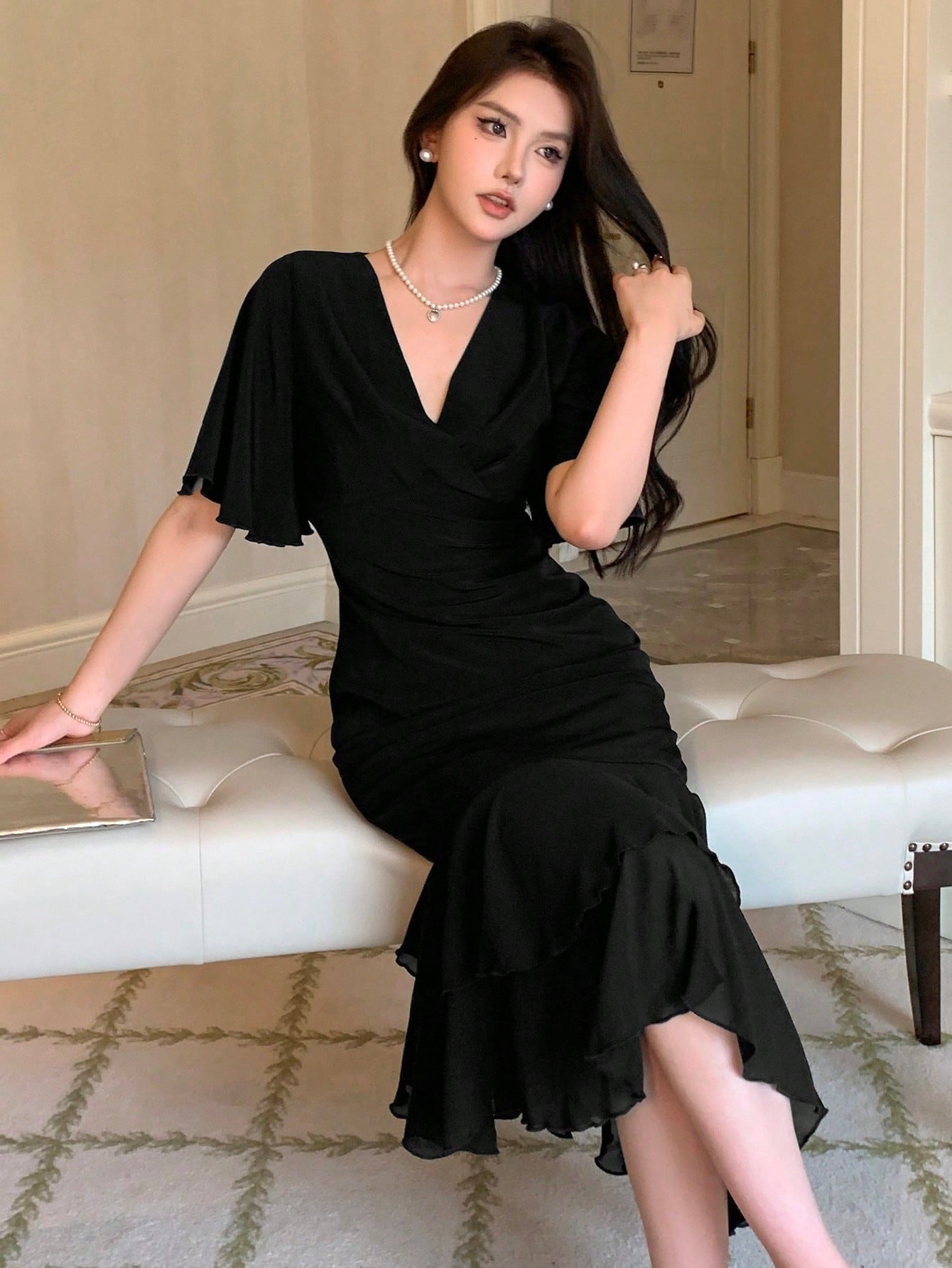 CM-DS464858 Women Elegant Seoul Style Surplice Neck Butterfly Sleeve Ruched Ruffle Hem Dress