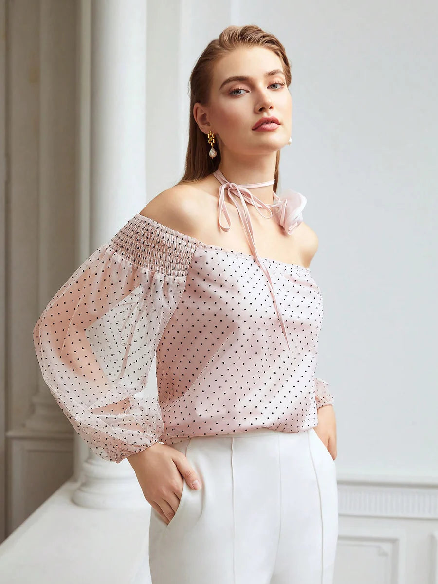CM-TS195903 Women Elegant Seoul Style Off Shoulder Blouse With Rosette Ribbon - Baby Pink