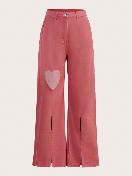 CM-BS871673 Women Casual Seoul Style Heart Pattern Split Hem Wide Leg Jeans - Watermelon Pink