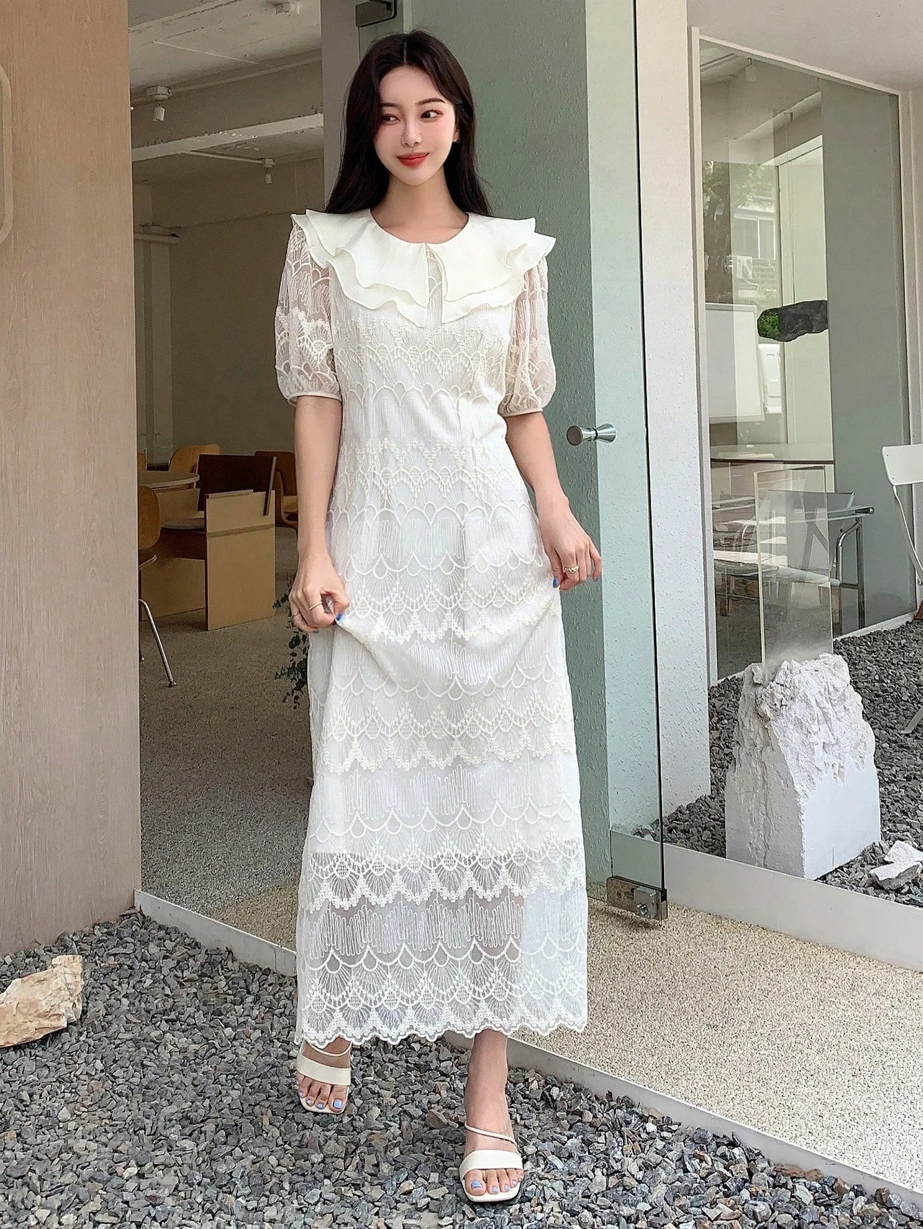 CM-DS996609 Women Elegant Seoul Style Puff Sleeve Ruffle Trim Lace Dress - Beige