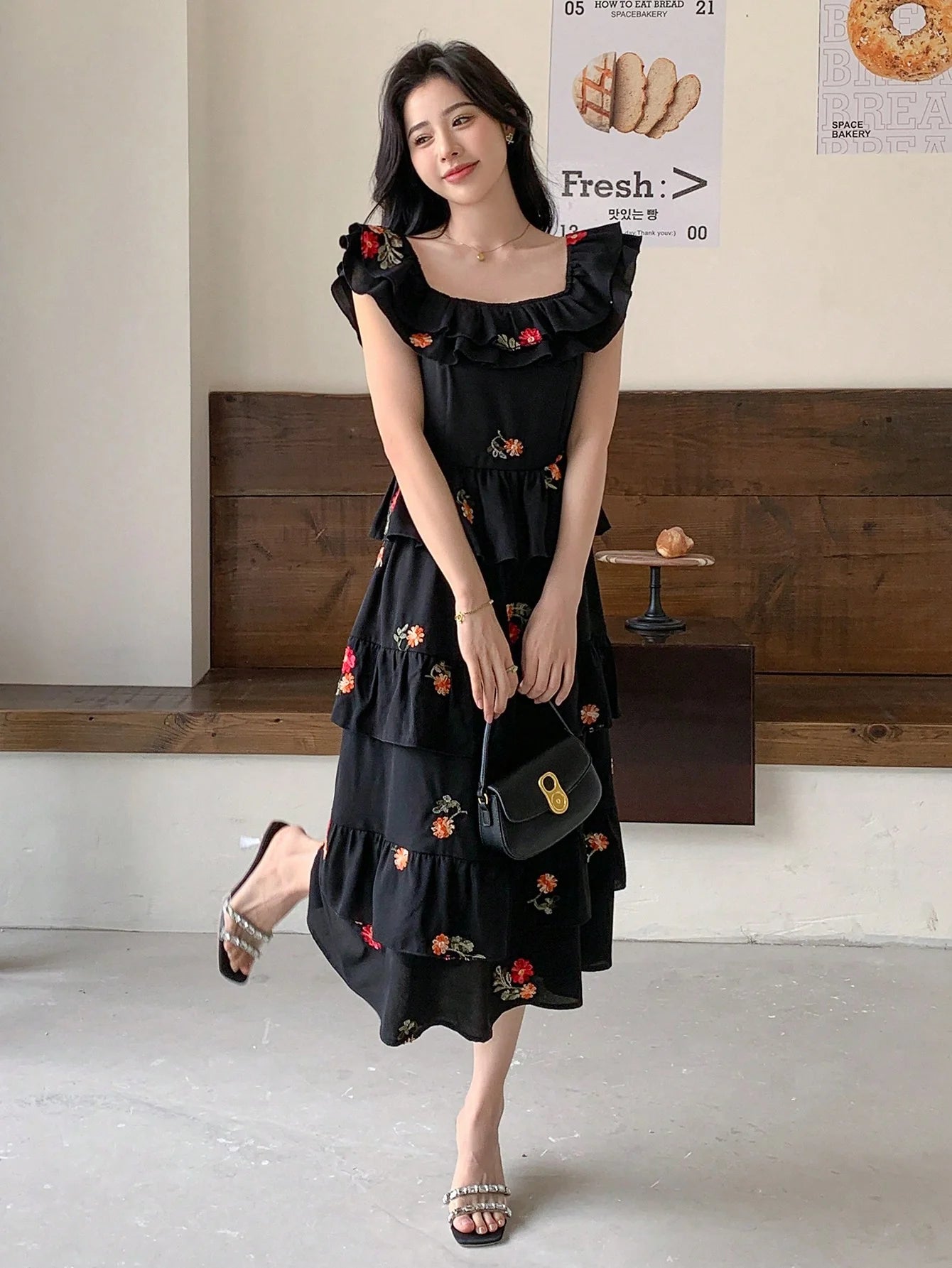 CM-DS614610 Women Trendy Bohemian Style Floral Embroidery Ruffle Trim Dress - Black