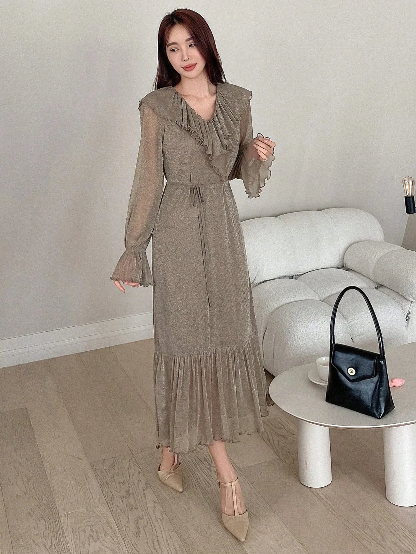 CM-DS367637 Women Elegant Seoul Style Ruffle Trim Flare Sleeve Ruffle Hem Belted Dress - Mocha Brown