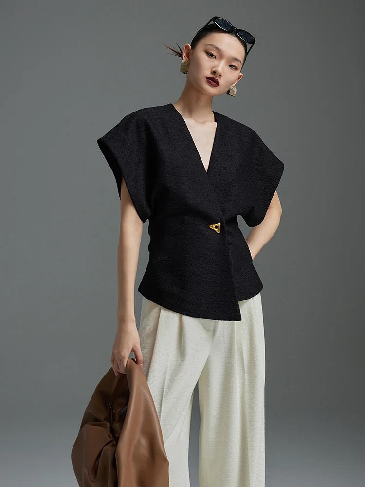 CM-TS001539 Women Elegant Seoul Style V-Neck Asymmetrical Narrow-Waisted One Button Vest Top (Available in 2 colors)
