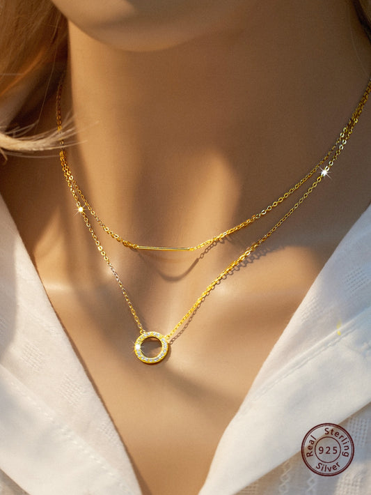 CM-AN825046 925 Sterling Silver Round Cubic Zirconia with Long Stick Bar Layered Necklace - Yellow Gold