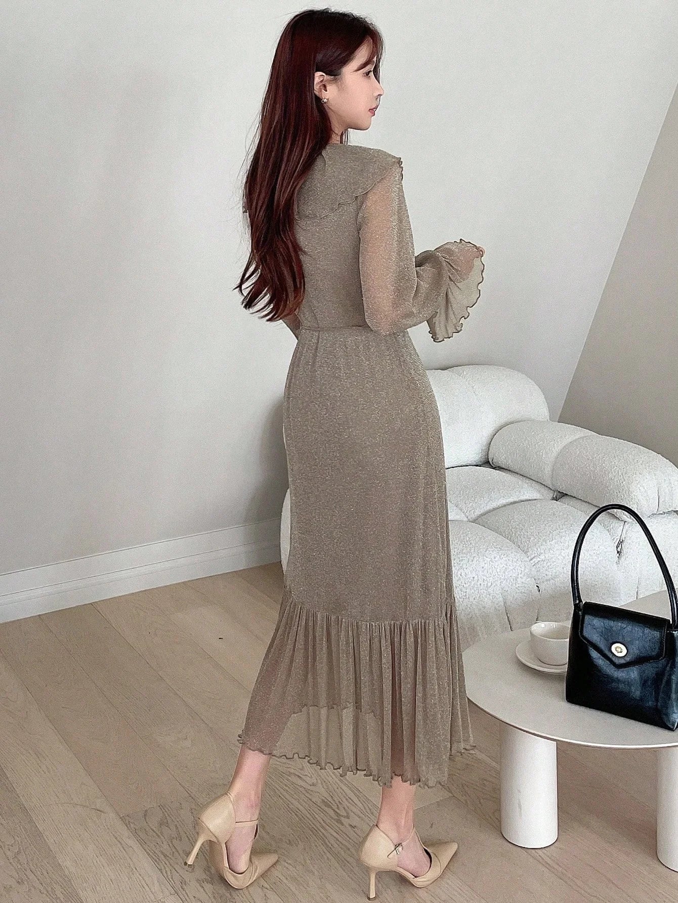 CM-DS367637 Women Elegant Seoul Style Ruffle Trim Flare Sleeve Ruffle Hem Belted Dress - Mocha Brown