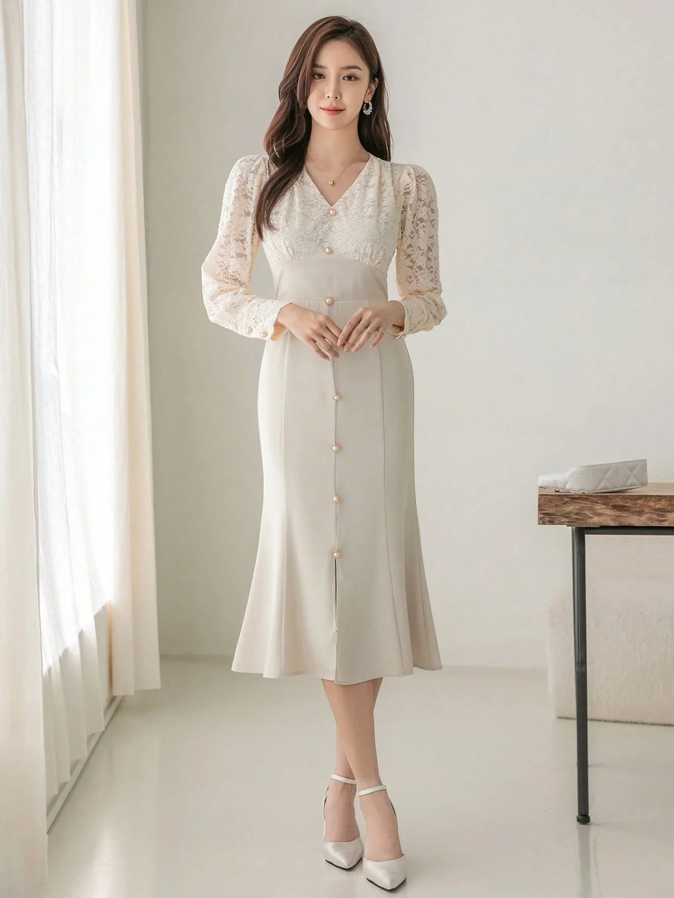 CM-DS827032 Women Elegant Seoul Style Contrast Lace Button Front Split Thigh Dress - Apricot