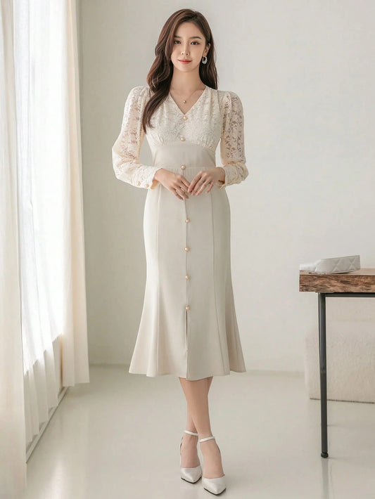 CM-DS827032 Women Elegant Seoul Style Contrast Lace Button Front Split Thigh Dress - Apricot