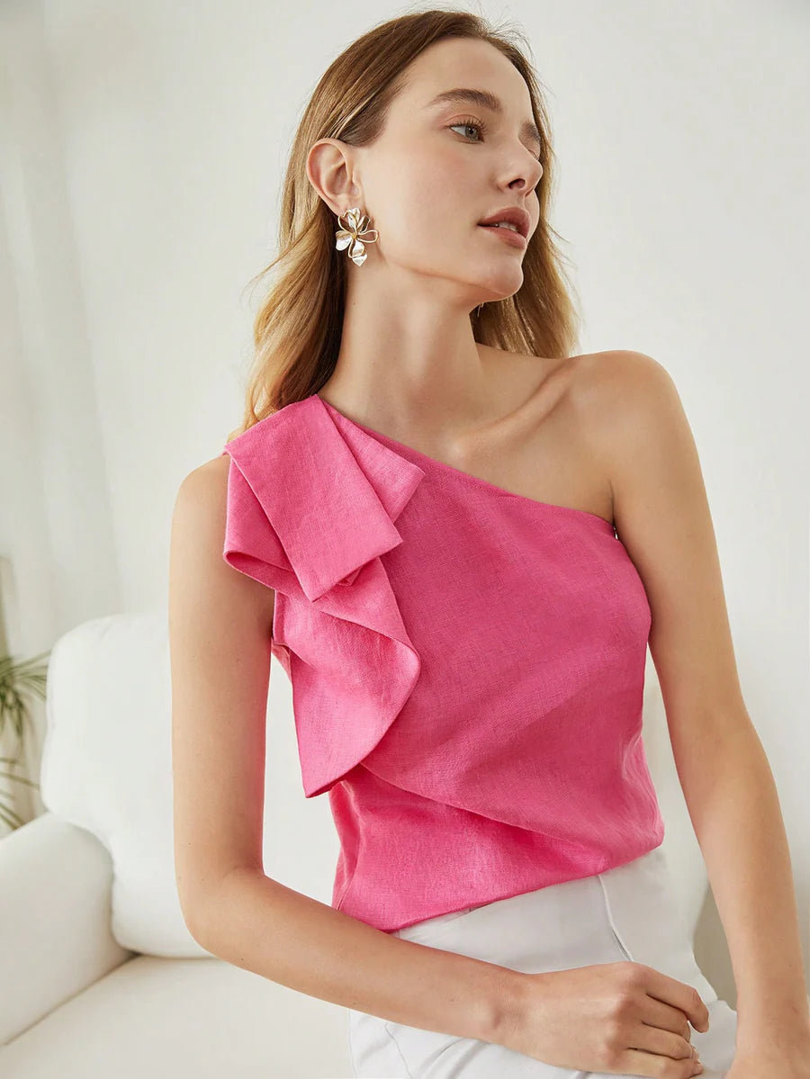 CM-TS075388 Women Casual Seoul Style Asymmetrical Neck One Shoulder Linen Blouse - Pink