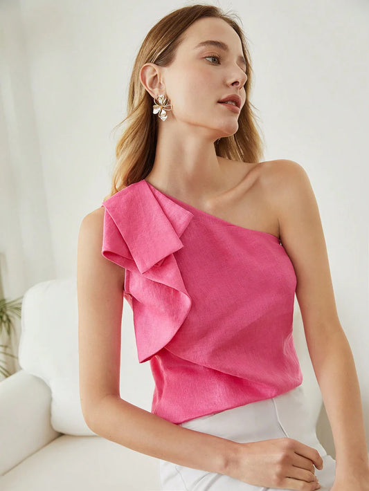 CM-TS075388 Women Casual Seoul Style Asymmetrical Neck One Shoulder Linen Blouse - Pink