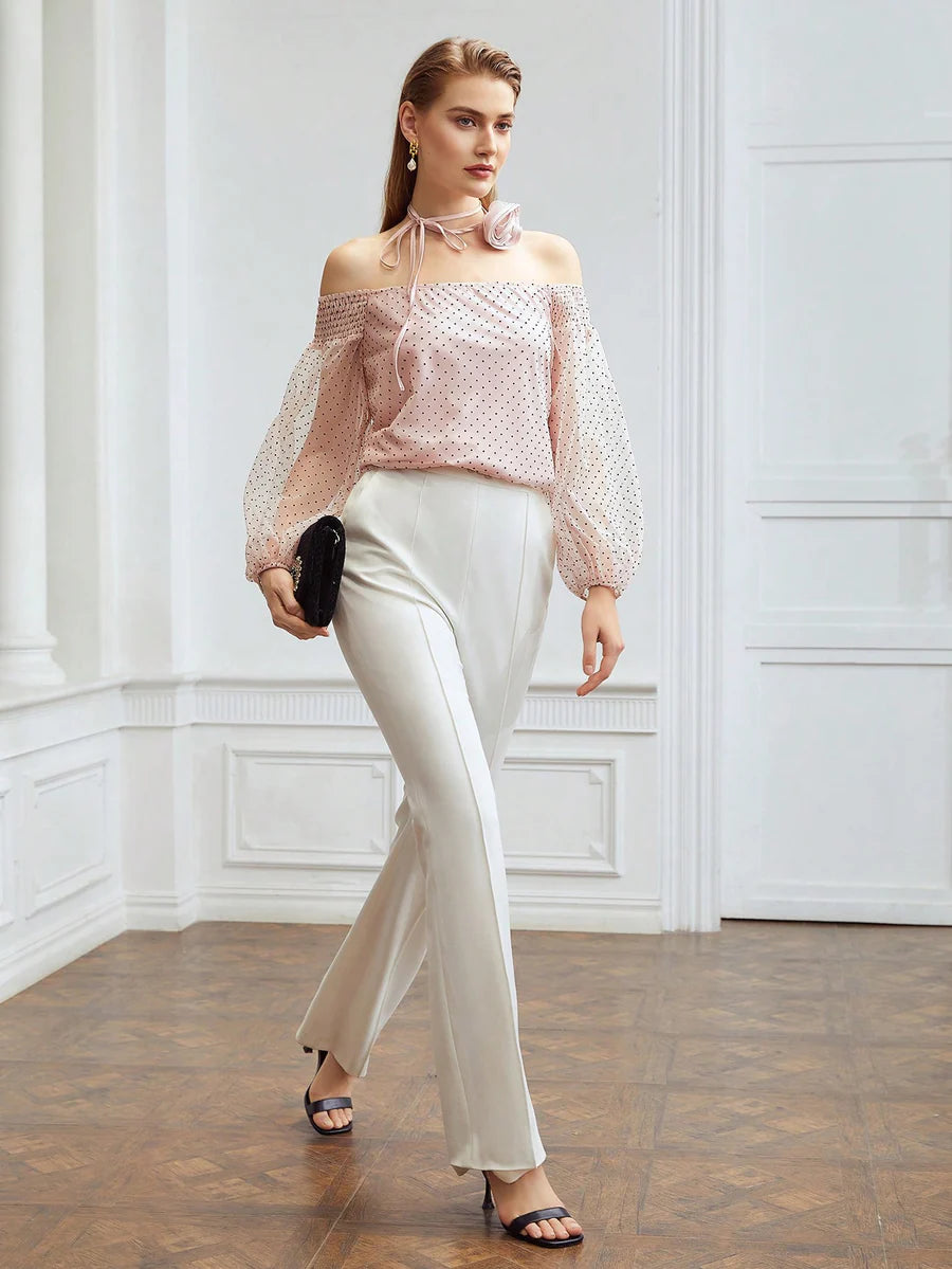 CM-TS195903 Women Elegant Seoul Style Off Shoulder Blouse With Rosette Ribbon - Baby Pink