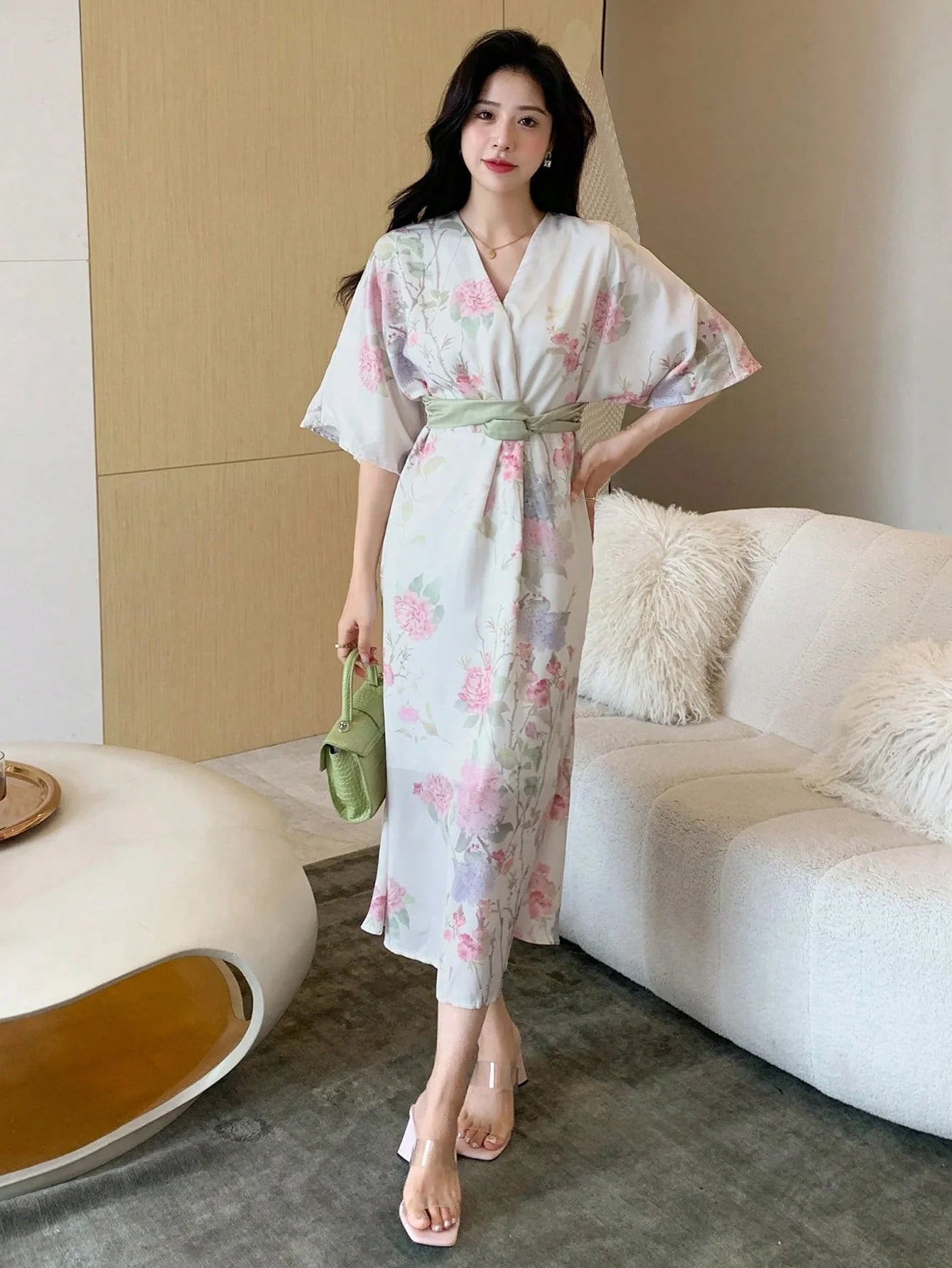 CM-DS611211 Women Elegant Seoul Style Floral Print Batwing Sleeve Dress