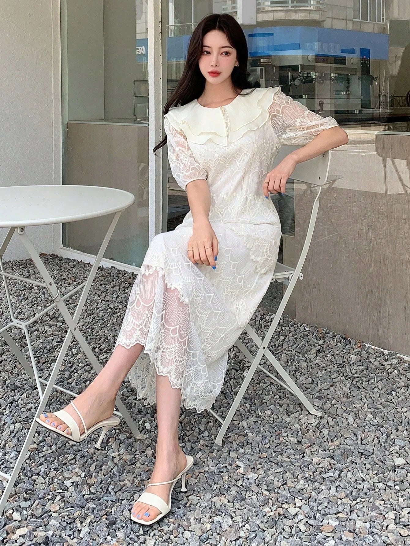 CM-DS996609 Women Elegant Seoul Style Puff Sleeve Ruffle Trim Lace Dress - Beige