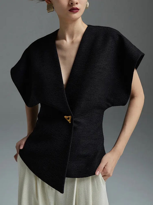 CM-TS001539 Women Elegant Seoul Style V-Neck Asymmetrical Narrow-Waisted One Button Vest Top (Available in 2 colors)