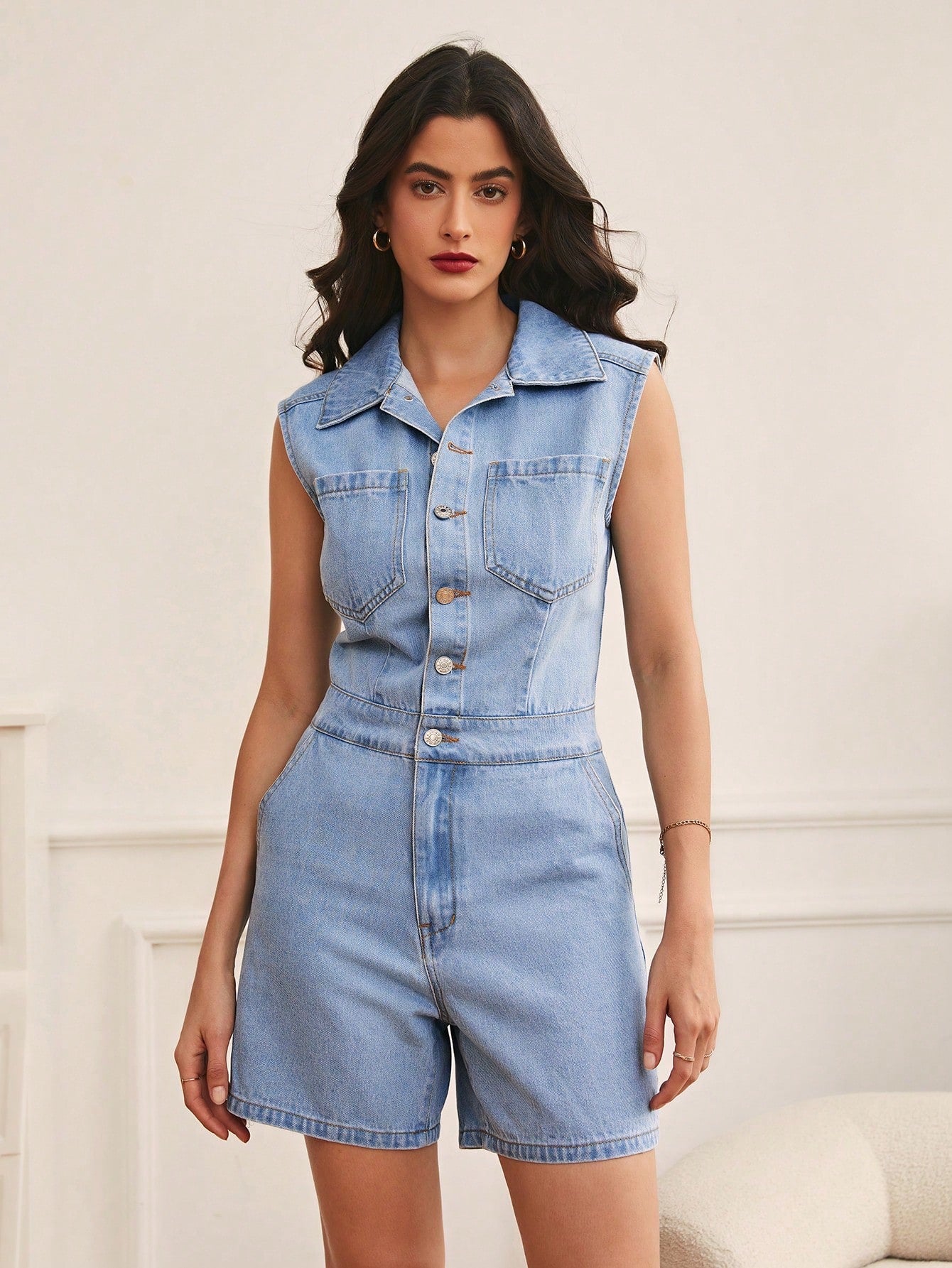 CM-JS570940 Women Casual Seoul Style Light Wash Button Front Denim Romper