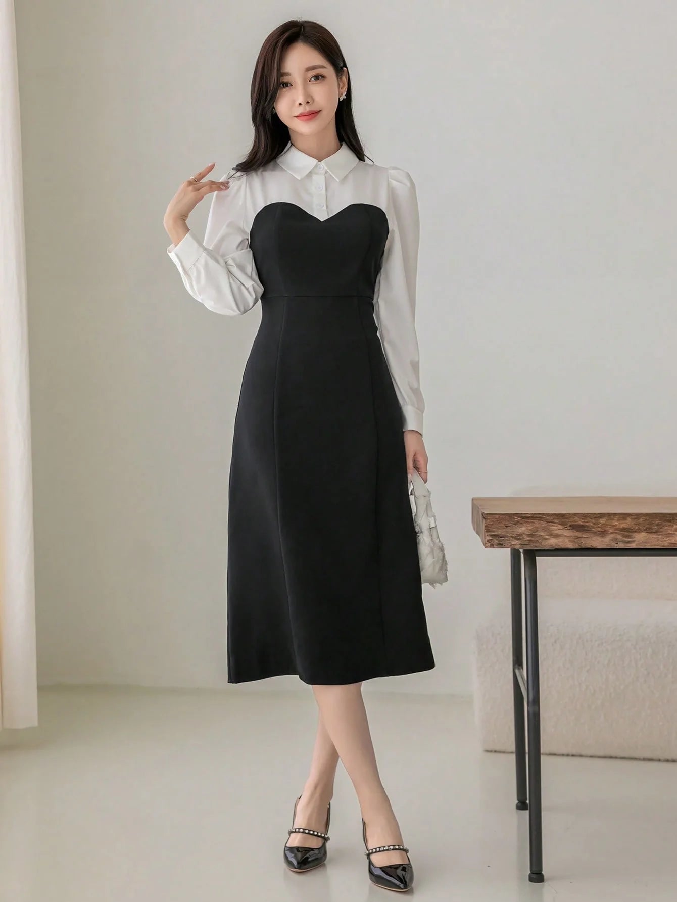 CM-DS888195 Women Elegant Seoul Style Collar Neckline Two Tone Puff Sleeve Dress
