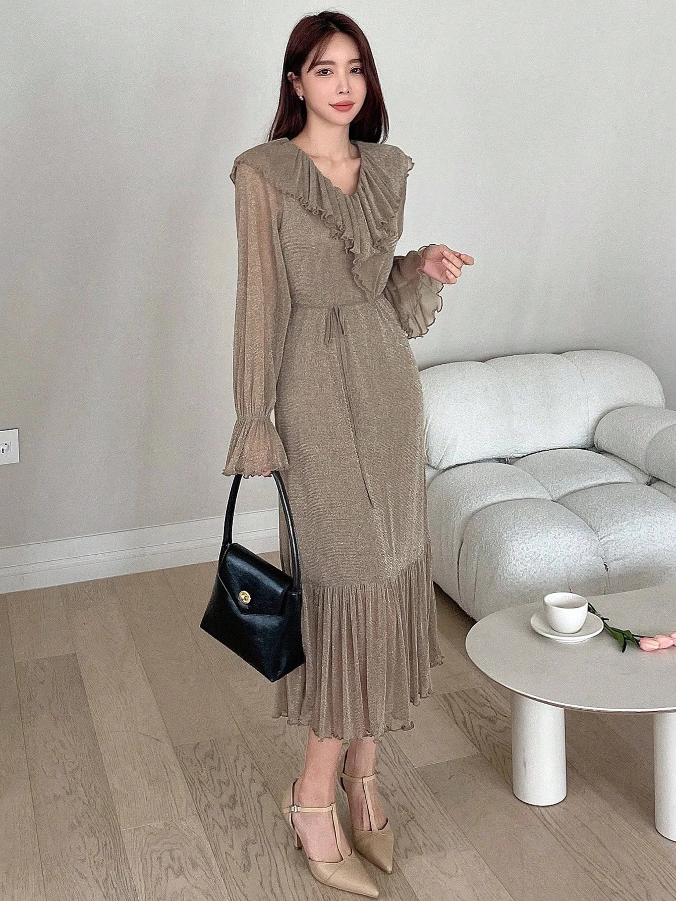 CM-DS367637 Women Elegant Seoul Style Ruffle Trim Flare Sleeve Ruffle Hem Belted Dress - Mocha Brown