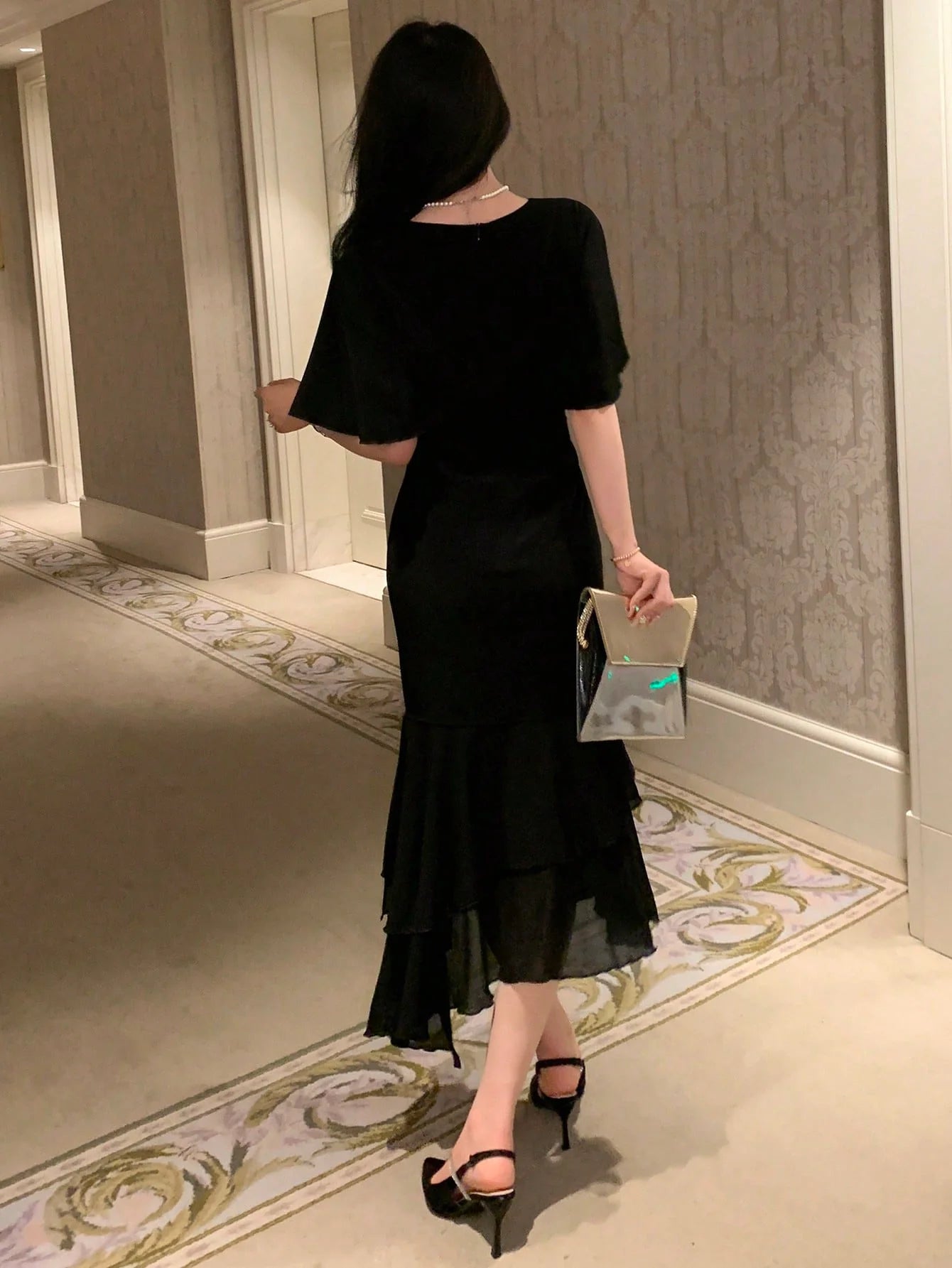 CM-DS464858 Women Elegant Seoul Style Surplice Neck Butterfly Sleeve Ruched Ruffle Hem Dress
