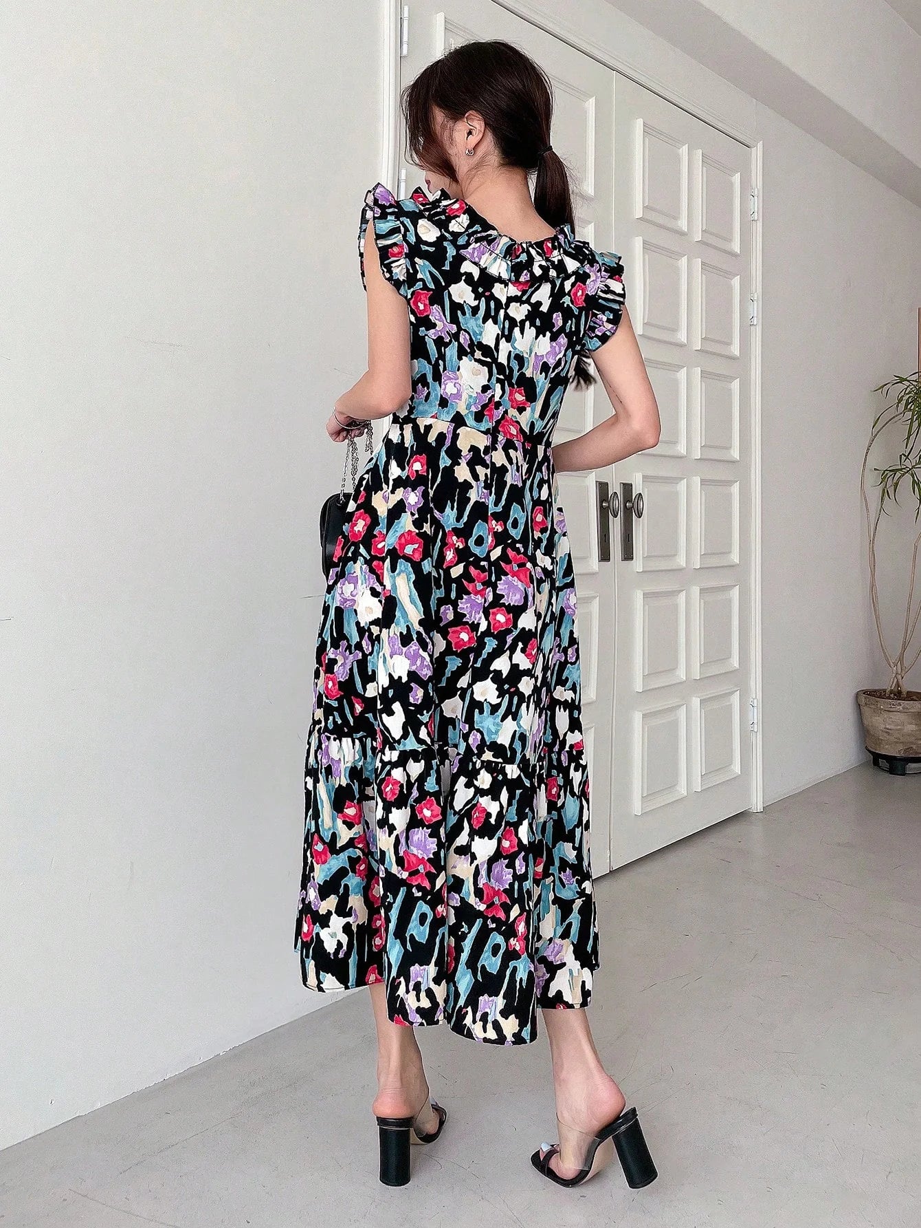 CM-DS184494 Women Trendy Bohemian Style V-Neck Cap Sleeve Print Ruffle Hem Dress