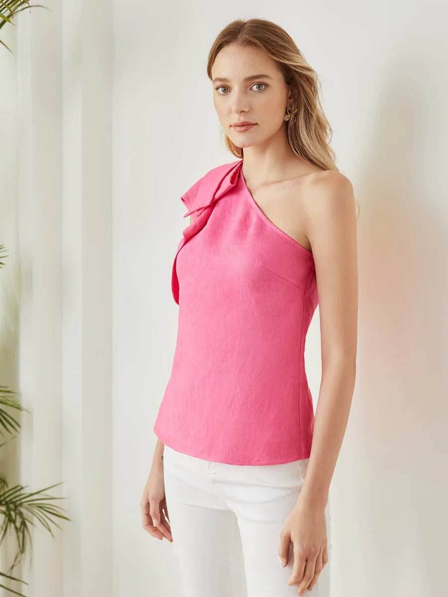 CM-TS075388 Women Casual Seoul Style Asymmetrical Neck One Shoulder Linen Blouse - Pink