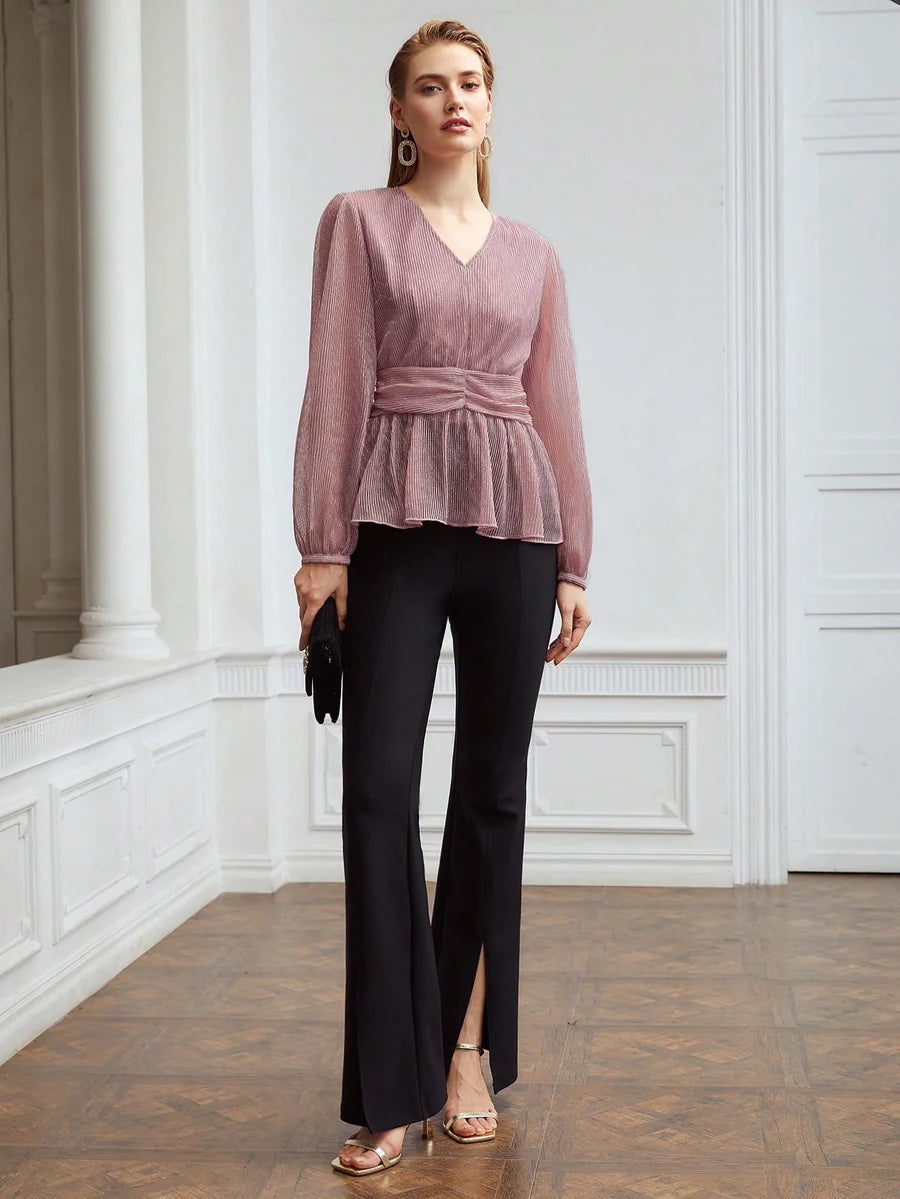 CM-TS151141 Women Elegant Seoul Style Glitter Tulle Peplum Blouse - Dusty Pink