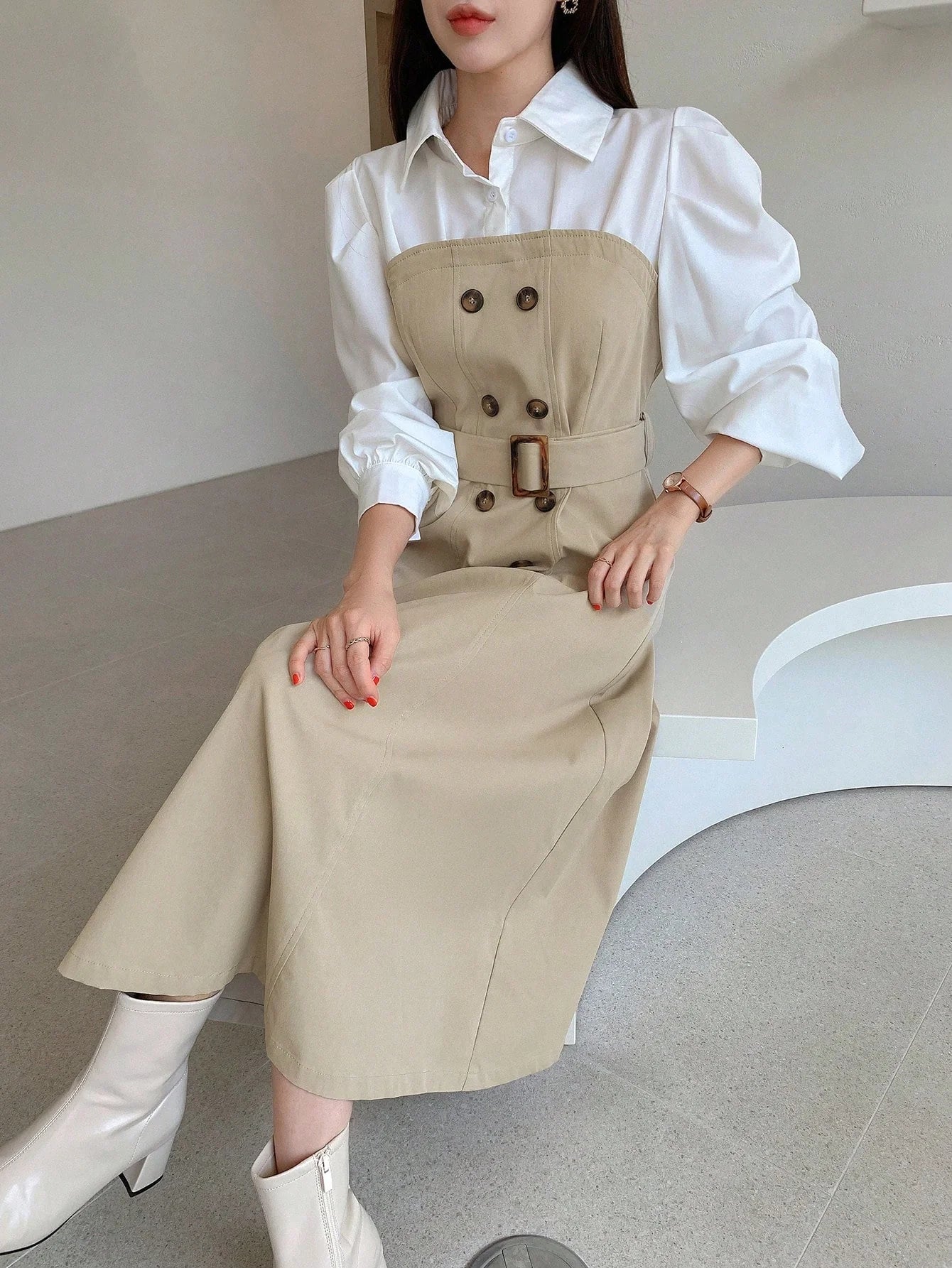 CM-DS396697 Women Elegant Seoul Style Two Tone Double Breasted Belted 2 In 1 Dress