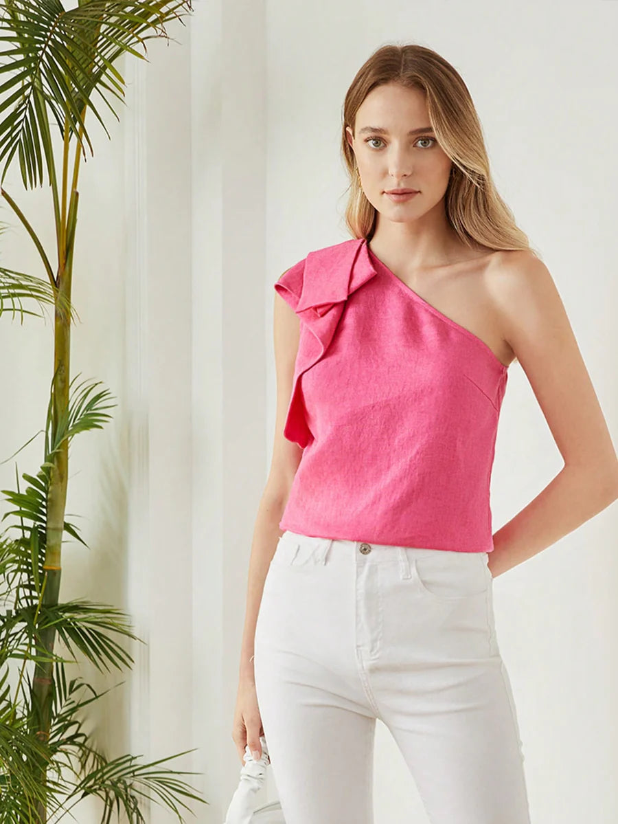 CM-TS075388 Women Casual Seoul Style Asymmetrical Neck One Shoulder Linen Blouse - Pink