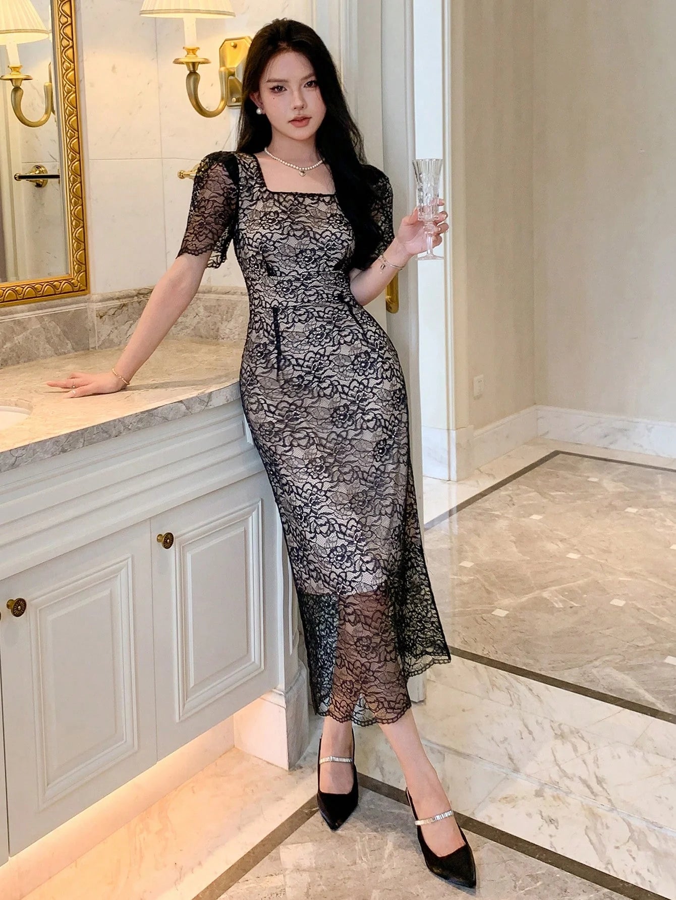 CM-DS226177 Women Elegant Seoul Style Square Neck Puff Sleeve Lace Overlay Dress - Black
