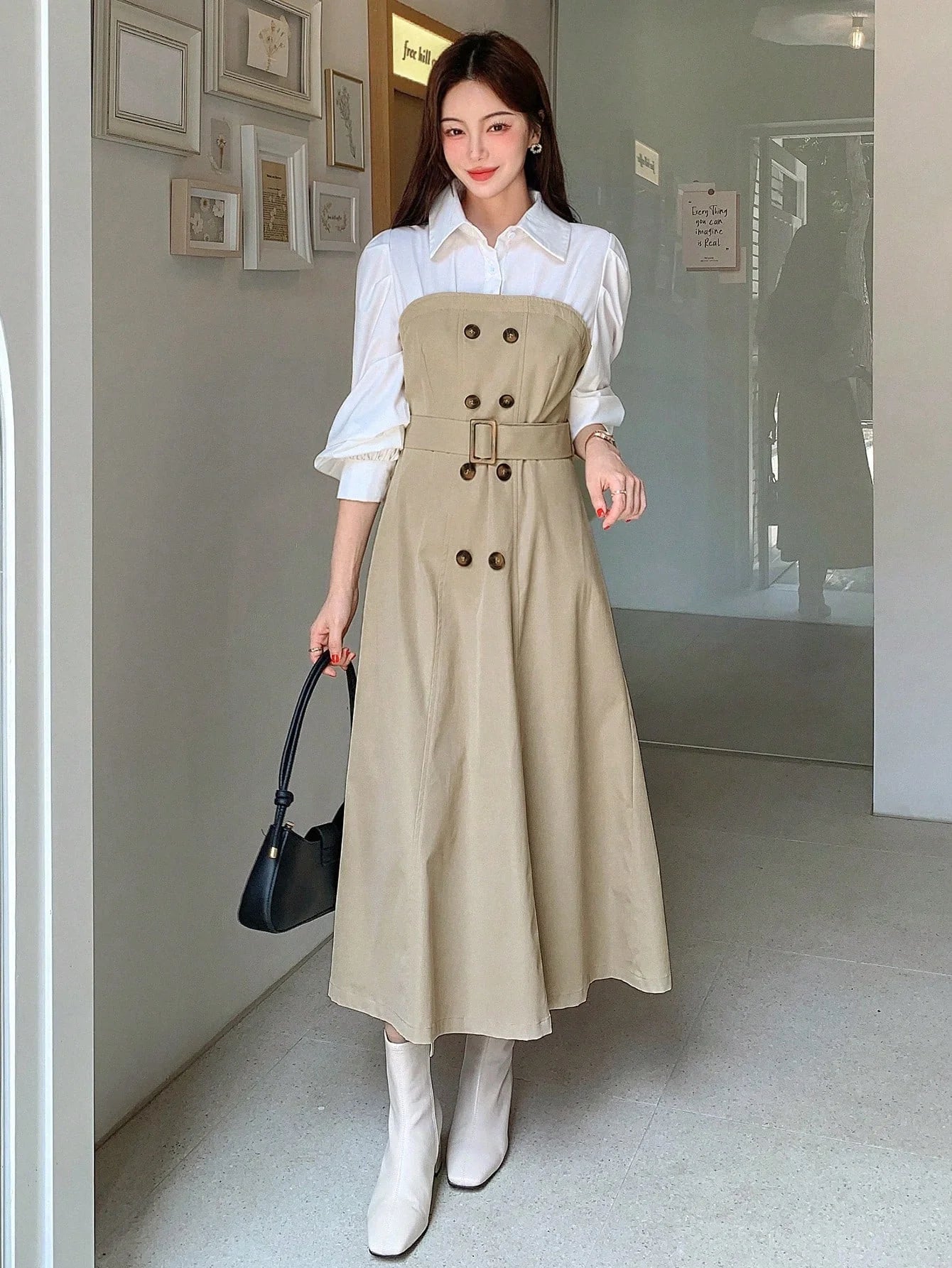 CM-DS396697 Women Elegant Seoul Style Two Tone Double Breasted Belted 2 In 1 Dress