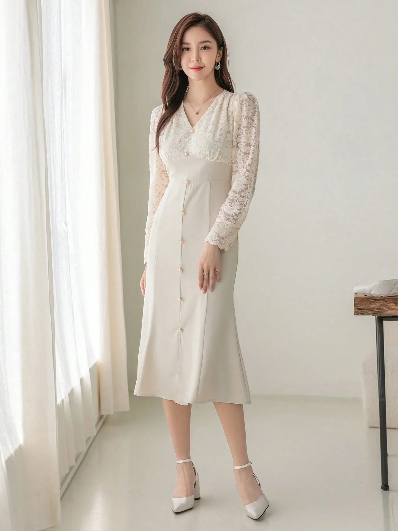 CM-DS827032 Women Elegant Seoul Style Contrast Lace Button Front Split Thigh Dress - Apricot