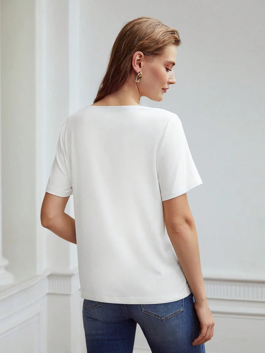 CM-TS809981 Women Casual Seoul Style Short Sleeve Lace Square-Neck T-Shirt - White