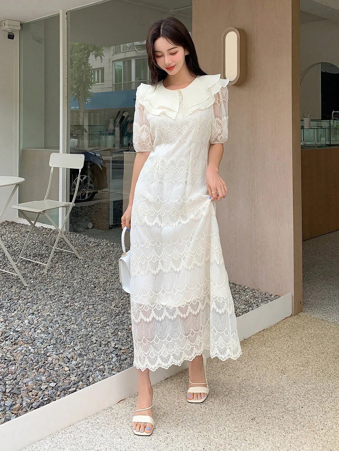 CM-DS996609 Women Elegant Seoul Style Puff Sleeve Ruffle Trim Lace Dress - Beige
