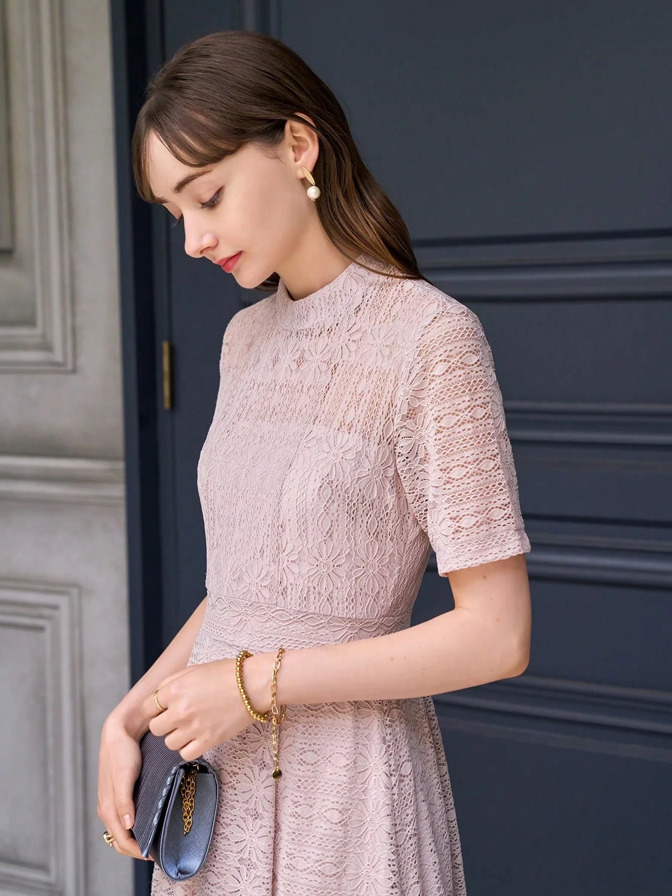 CM-DS357300 Women Elegant Seoul Style Mock Neck Lace A-Line Dress - Pink