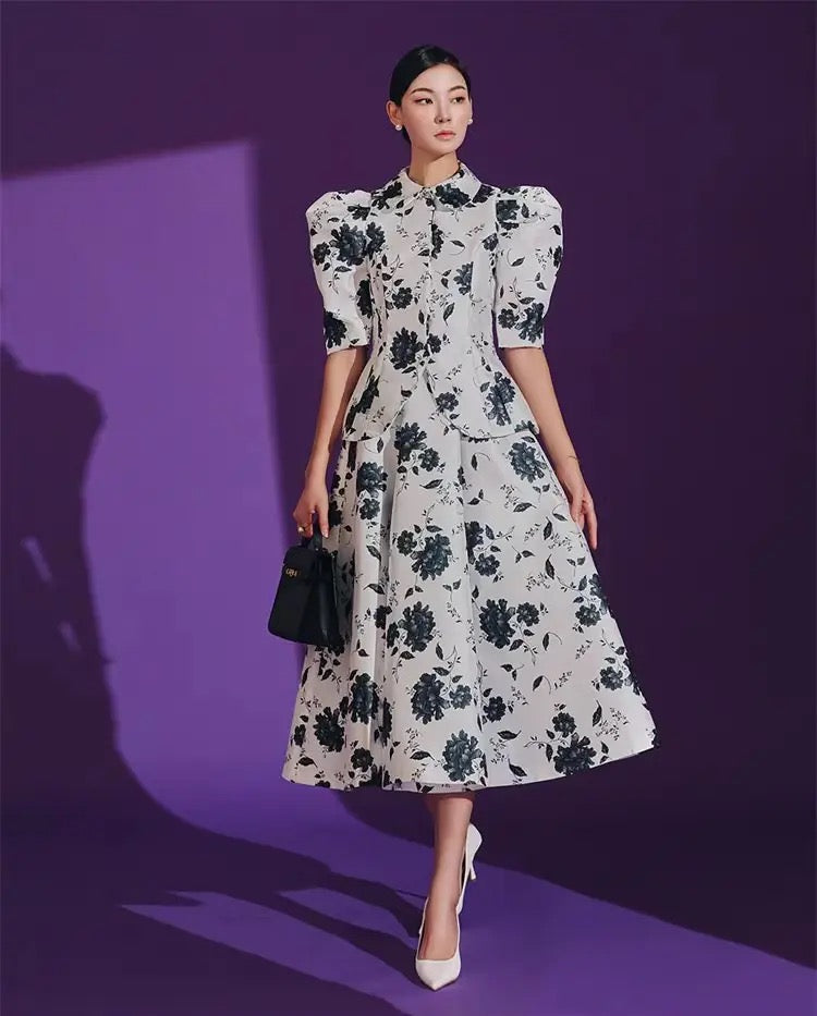 CM-SF052411 Women Retro Seoul Style Floral High Waist Puff Sleeve Dress Set