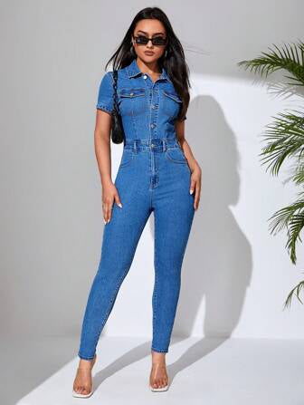 CM-JS923300 Women Casual Seoul Style Medium Wash Button Front Flap Pocket Denim Jumpsuit