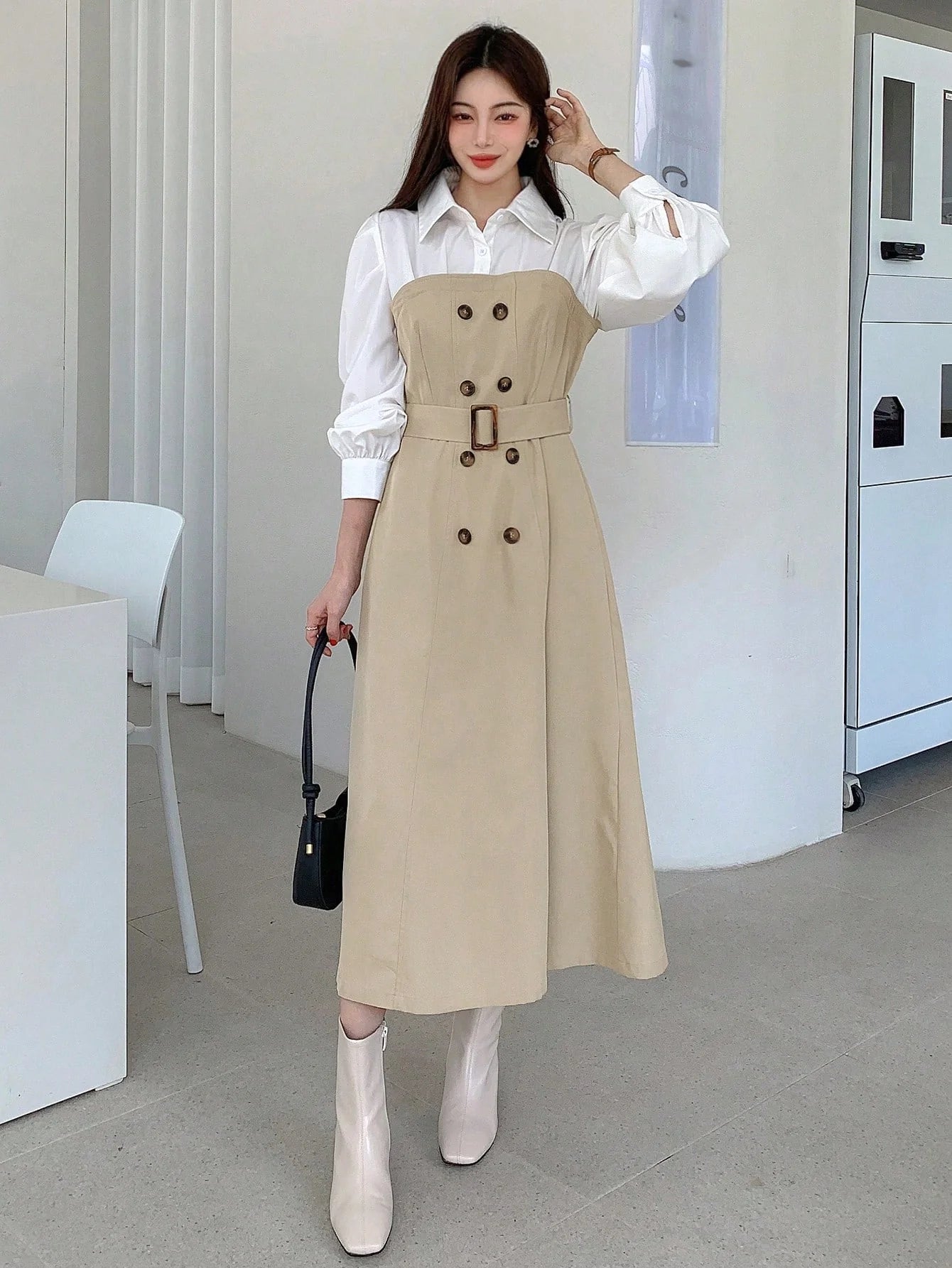 CM-DS396697 Women Elegant Seoul Style Two Tone Double Breasted Belted 2 In 1 Dress