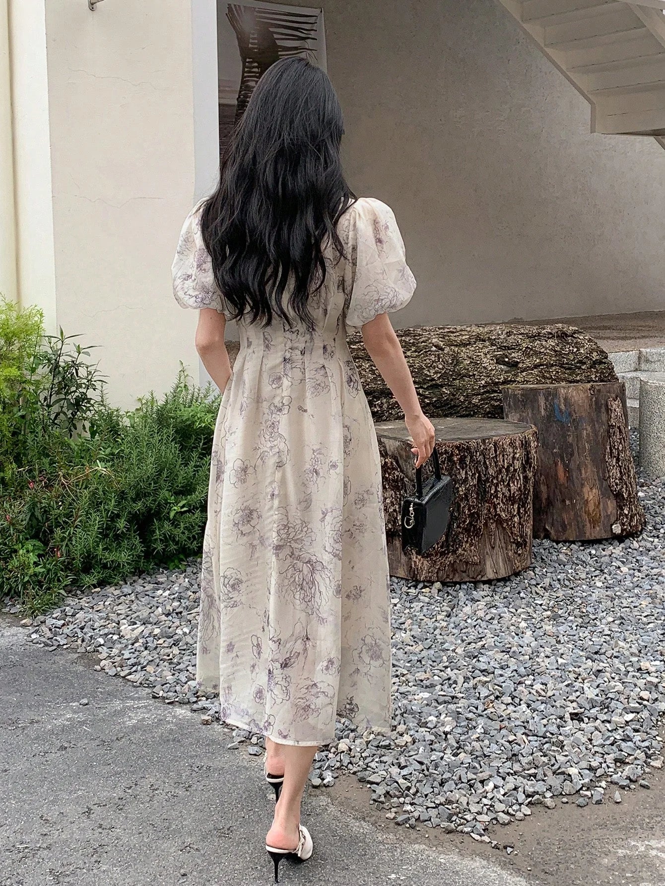 CM-DS062728 Women Elegant Seoul Style Floral Print Puff Sleeve Button Front Dress - Apricot