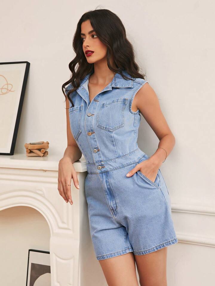 CM-JS570940 Women Casual Seoul Style Light Wash Button Front Denim Romper