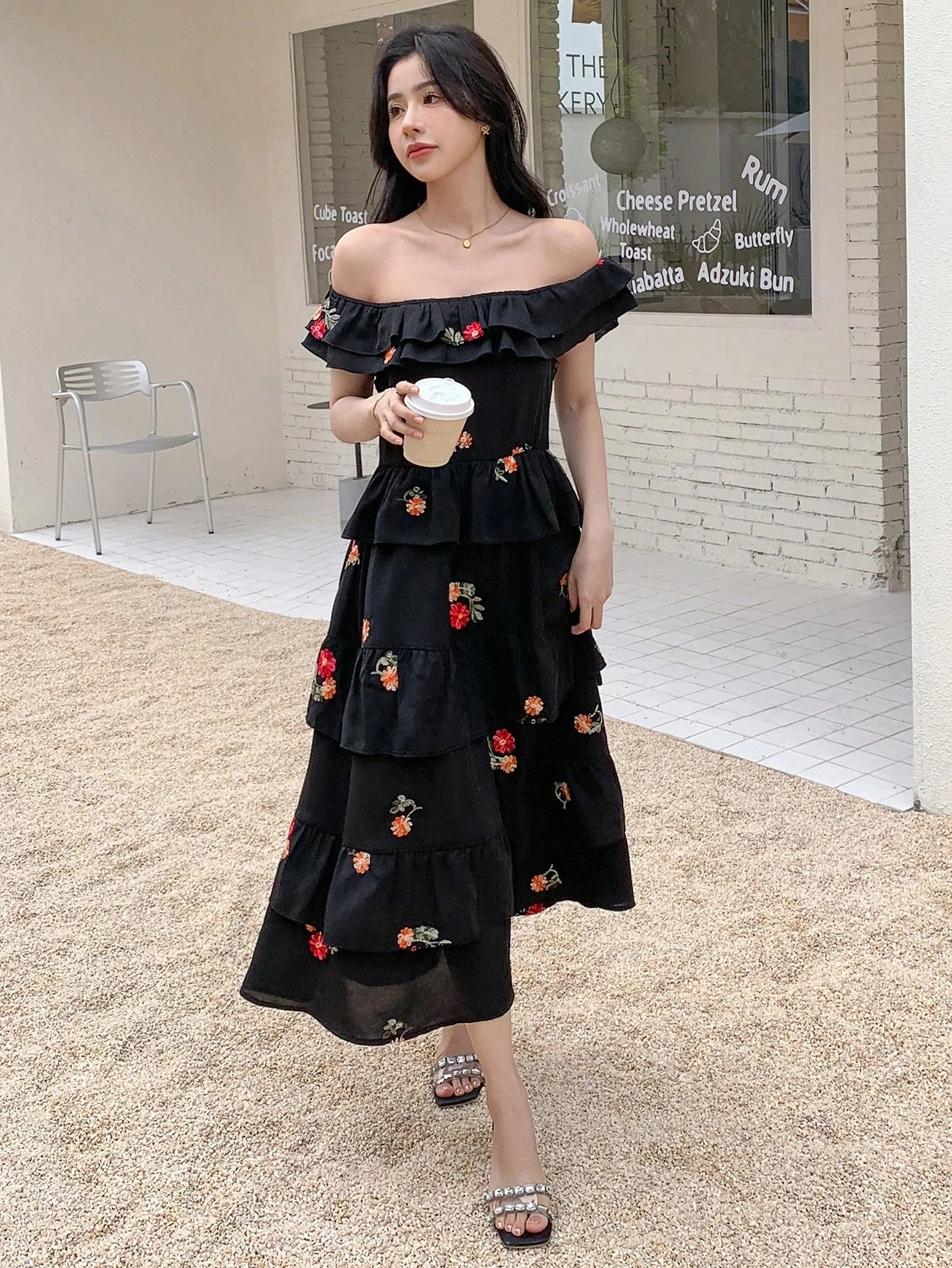 CM-DS614610 Women Trendy Bohemian Style Floral Embroidery Ruffle Trim Dress - Black