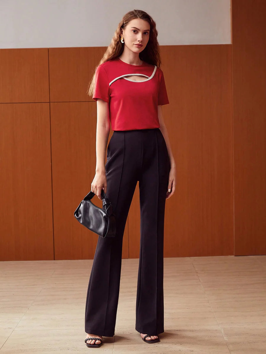 CM-TS122938 Women Casual Seoul Style Round Neck Pearl Cut-Out Top - Red