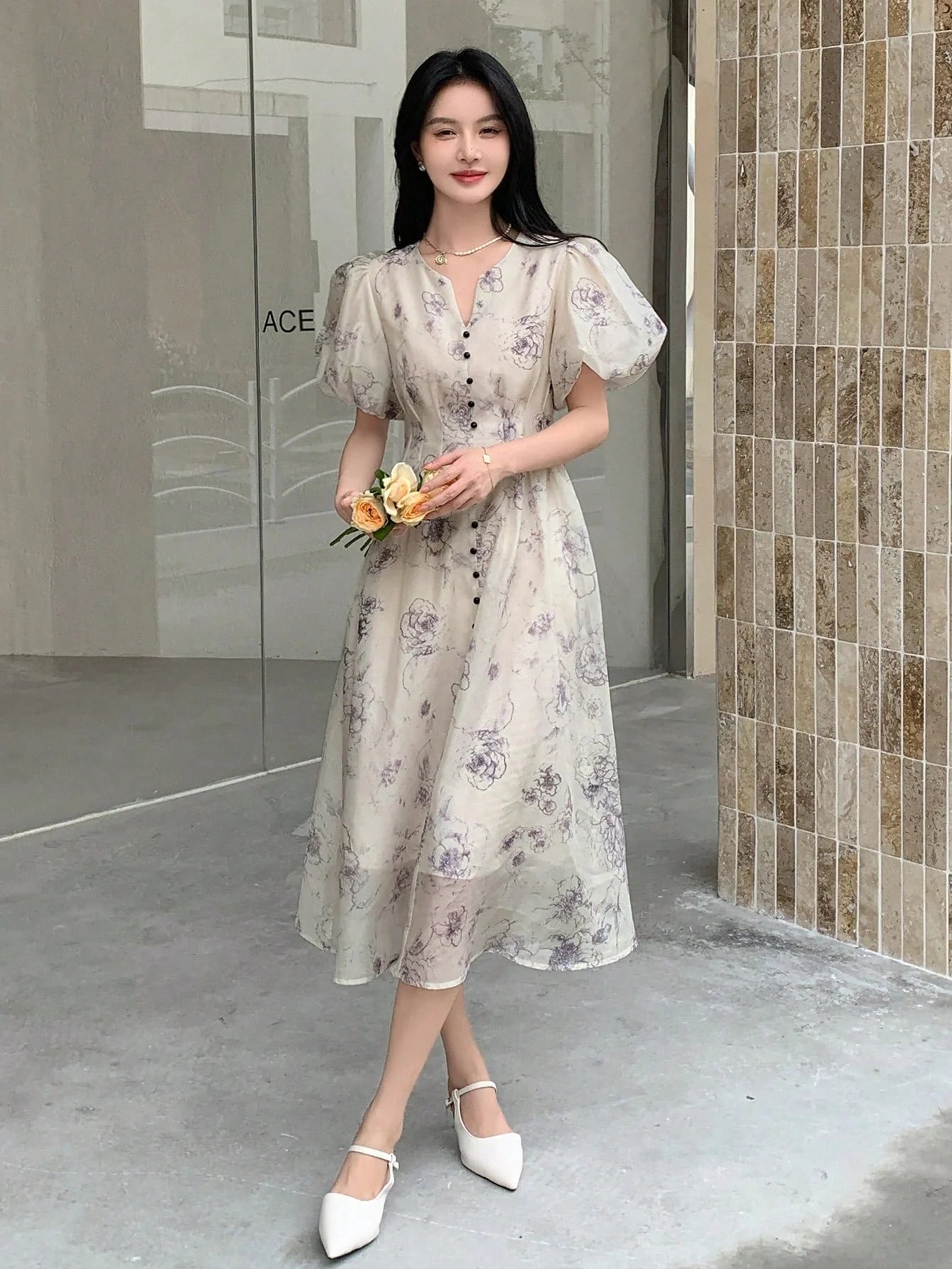 CM-DS062728 Women Elegant Seoul Style Floral Print Puff Sleeve Button Front Dress - Apricot