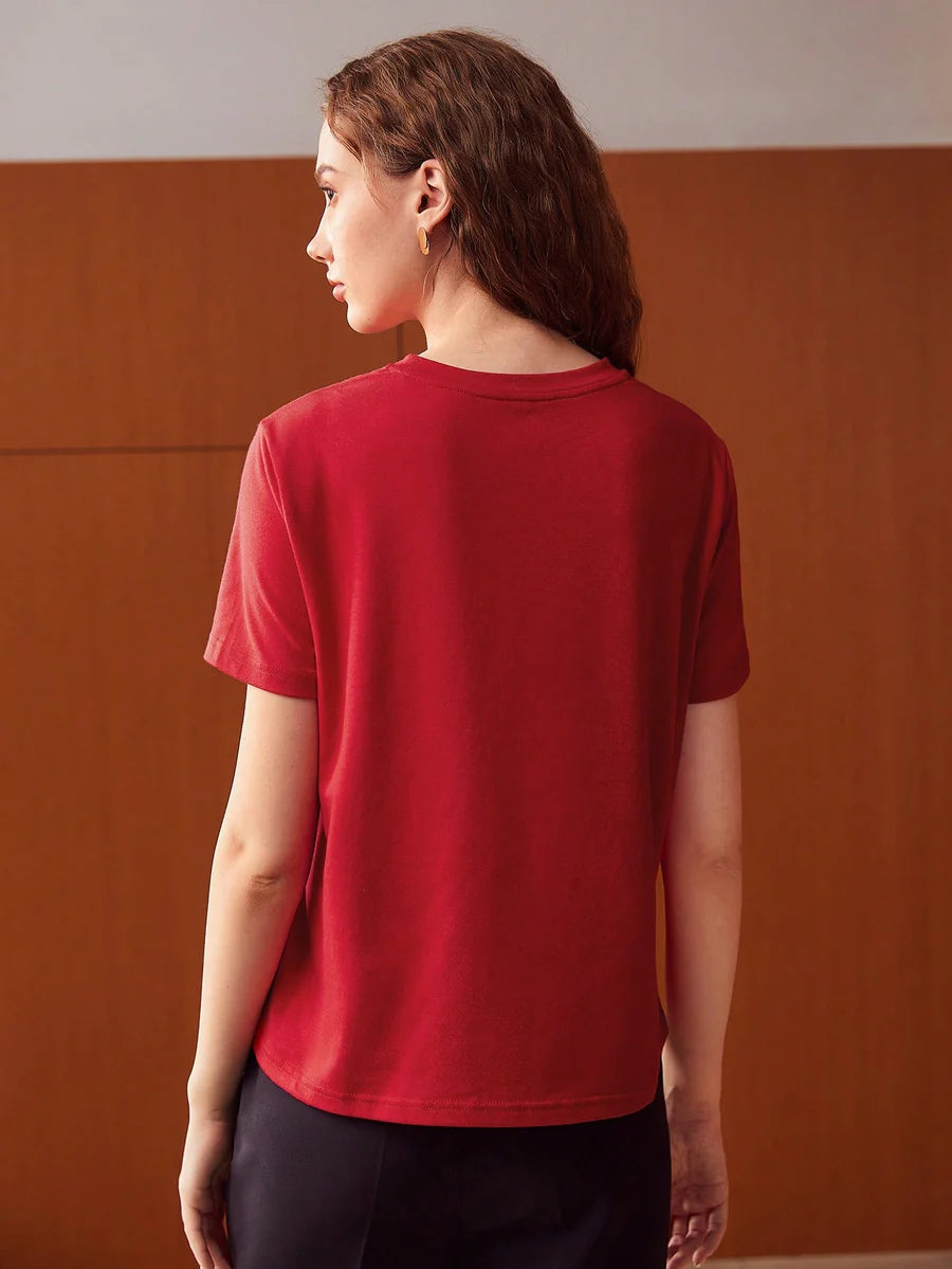 CM-TS122938 Women Casual Seoul Style Round Neck Pearl Cut-Out Top - Red
